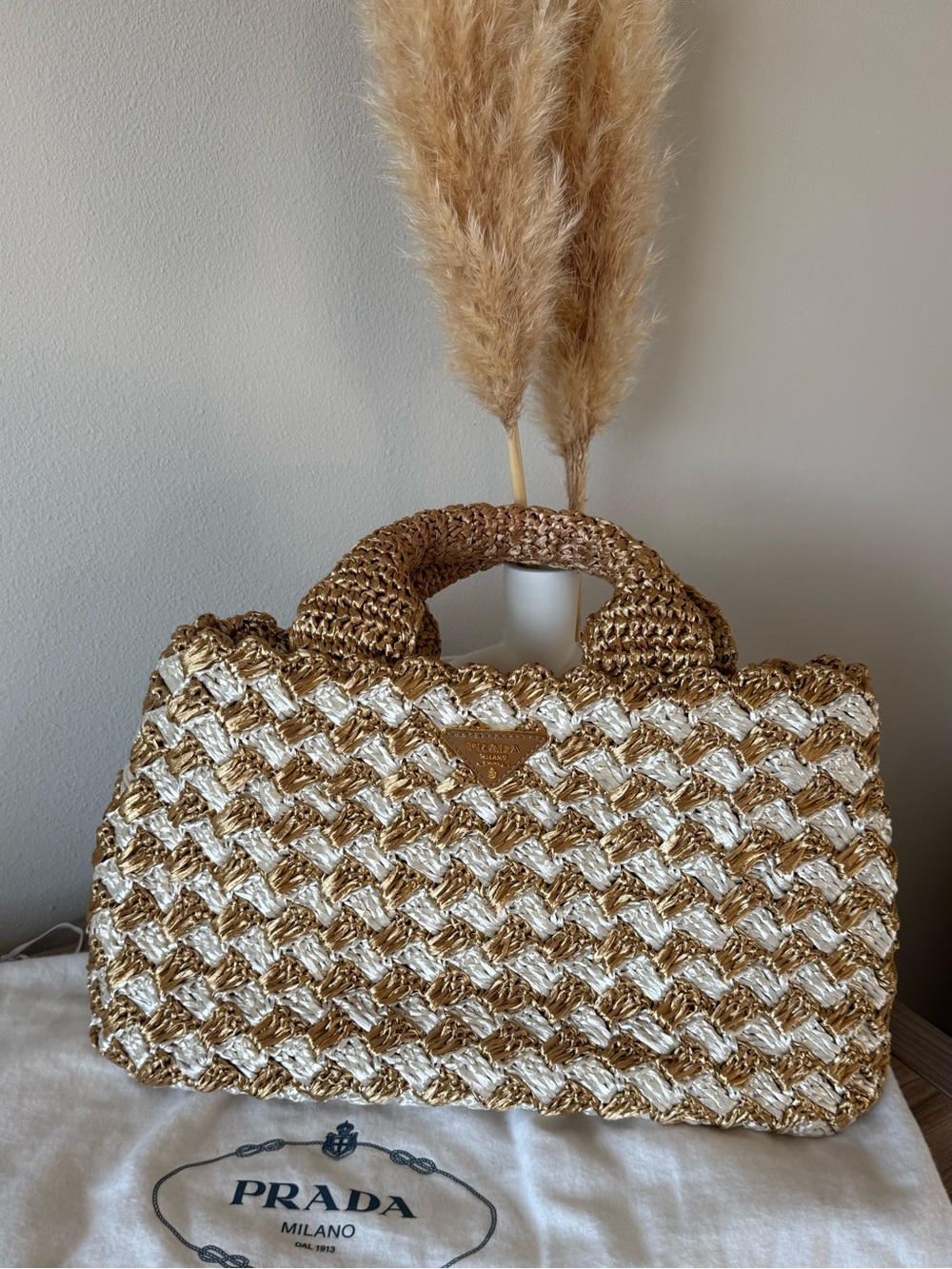Prada Triangle Raffia Canapa Tote -  Gold & White